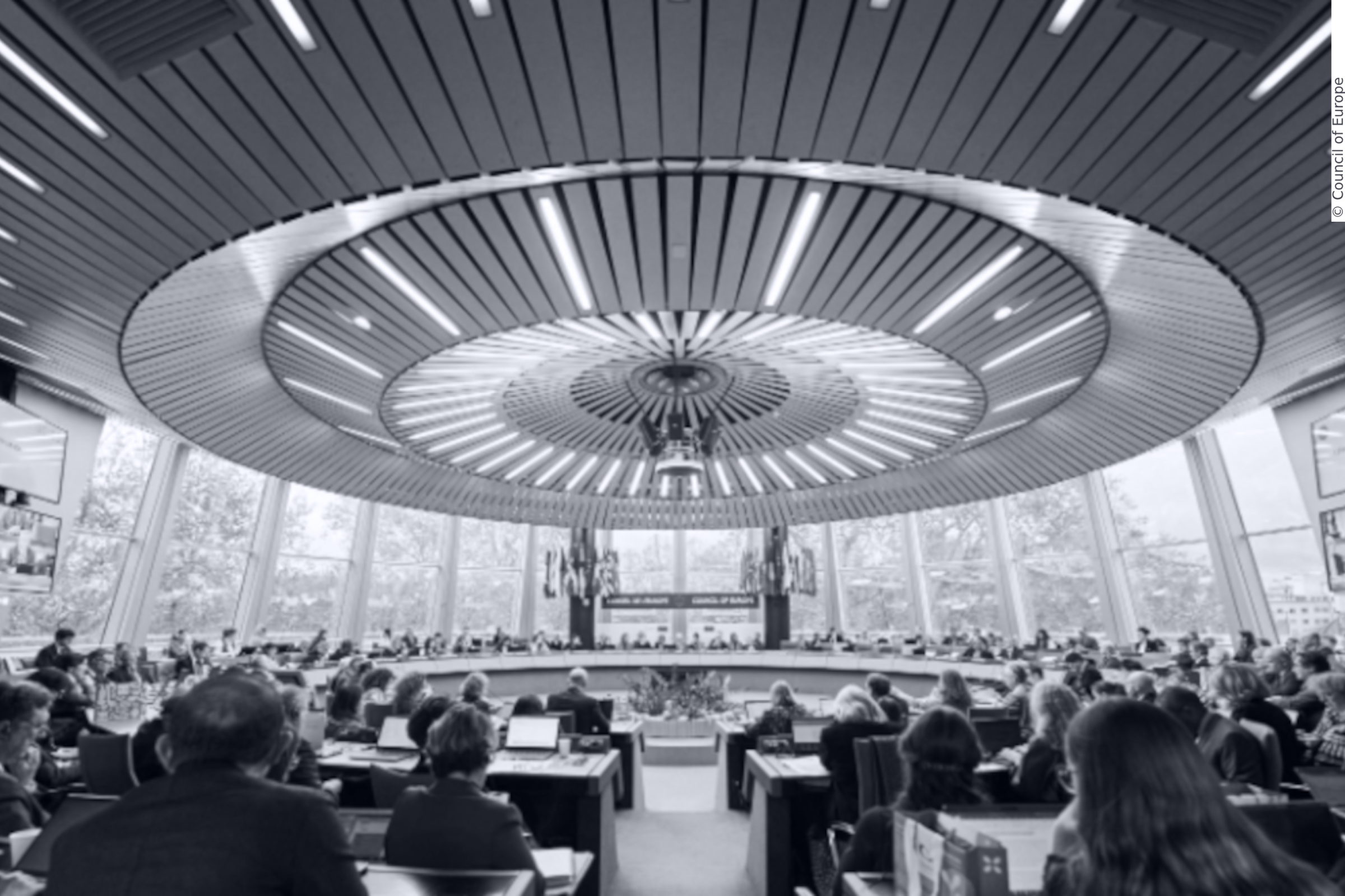 Photo taken from the back of the room of the Committee of Ministers, an organ of the Council of Europe, in Strasburg.